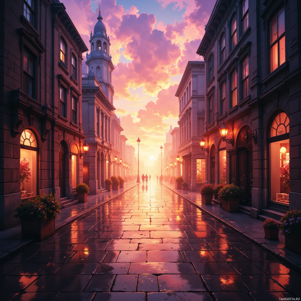A picturesque street scene with historic architecture and a vibrant sunset sky.