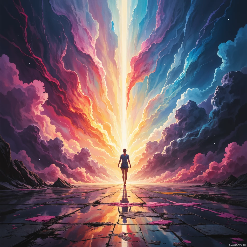 A person walks towards a radiant light at the horizon, surrounded by vibrant, swirling clouds.