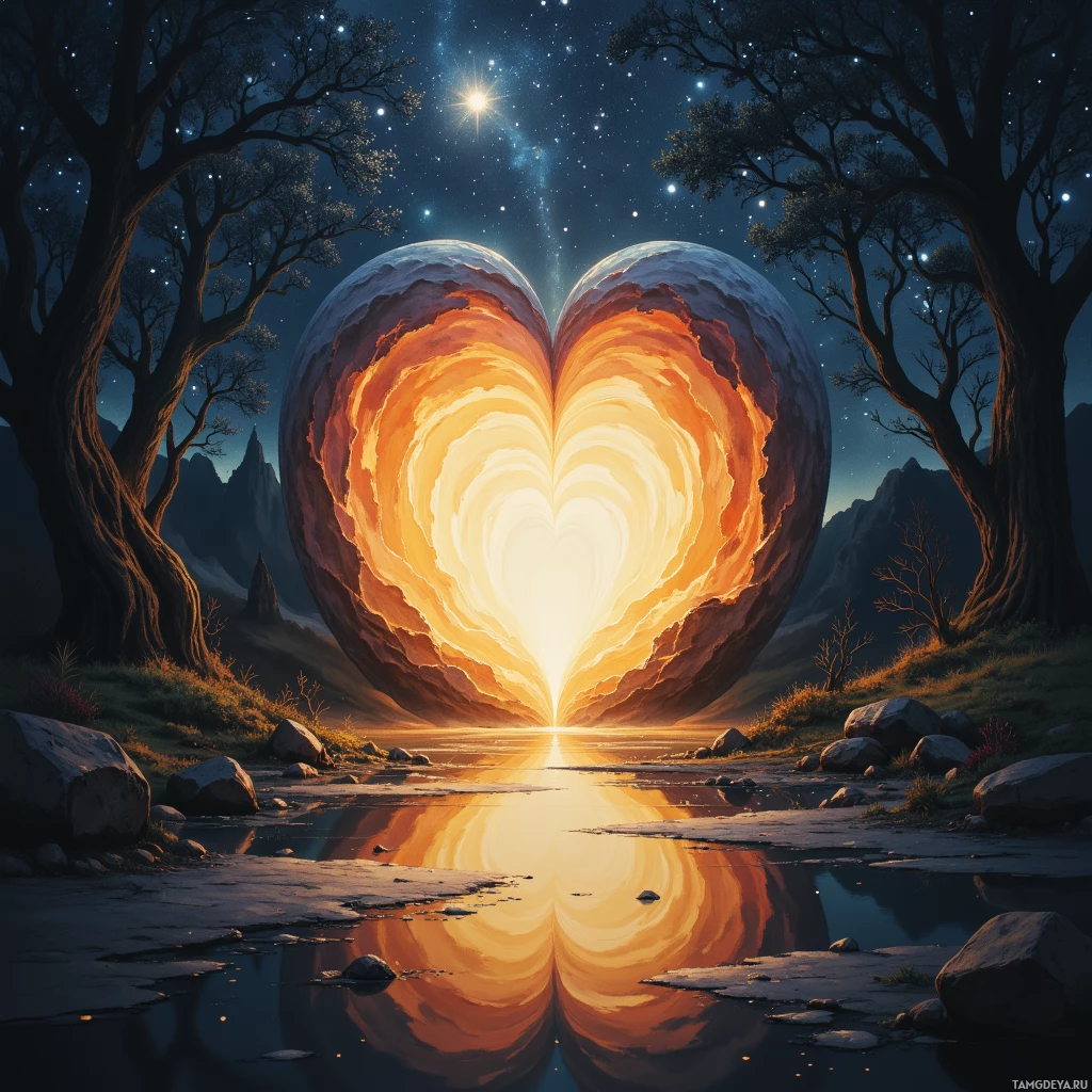 A heart-shaped portal glowing brightly in a serene night landscape with trees and mountains.