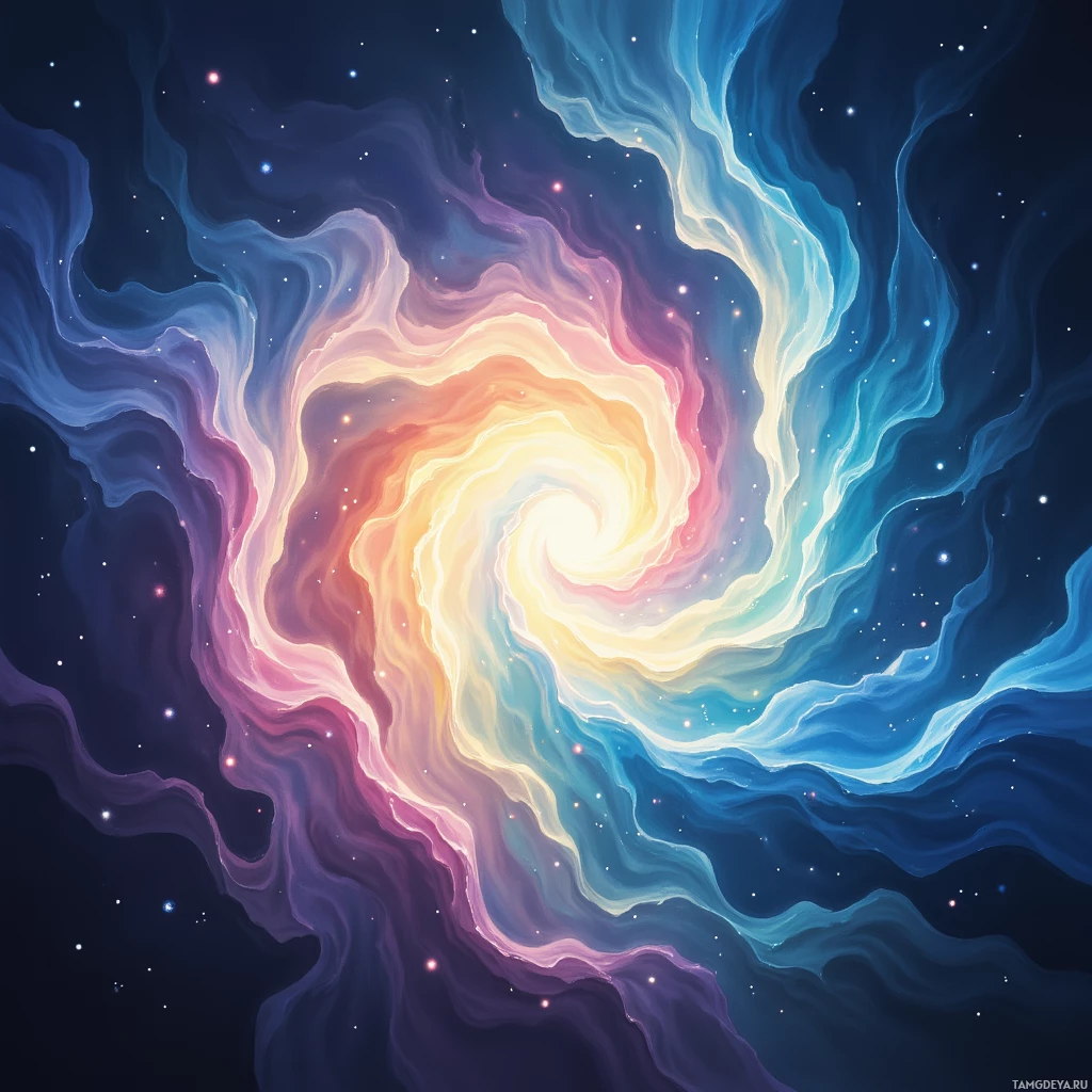 A vibrant, swirling galaxy with a mix of blue, purple, and yellow hues against a dark starry background.