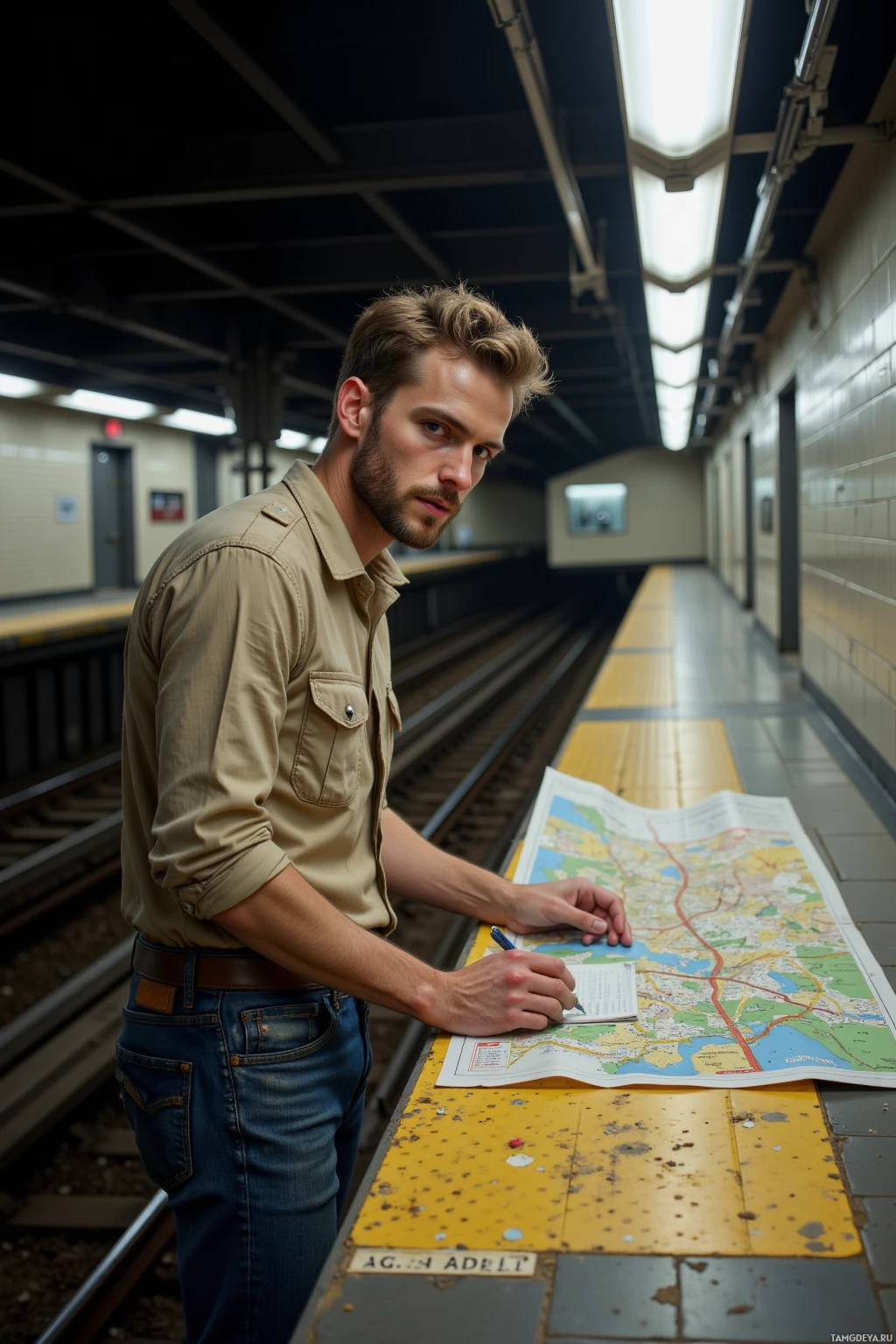 A man stands at a subway platform, examining a map and writing notes.