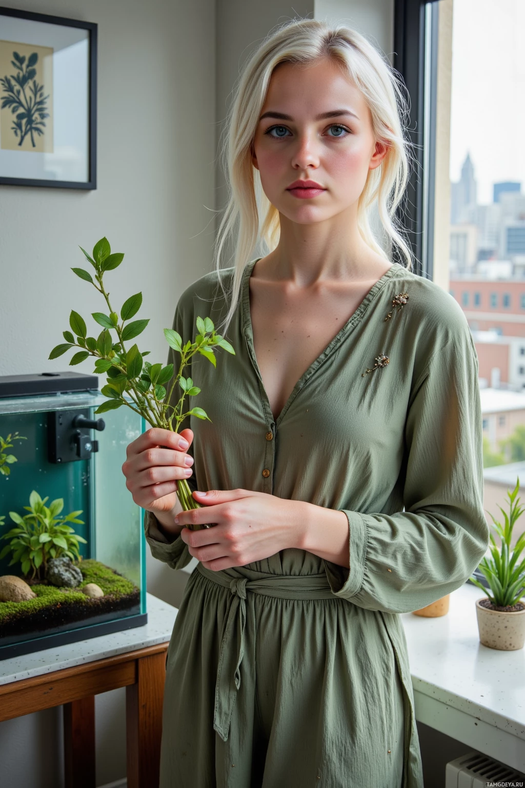A person in a green dress holds a plant in front of a window with a cityscape view.