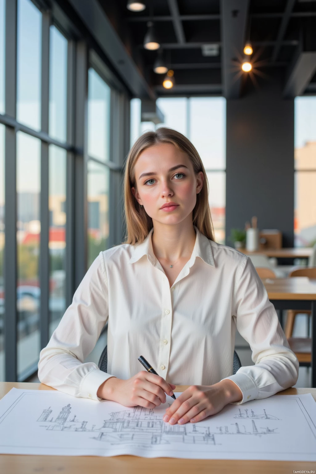 A woman in a white shirt sits at a desk with architectural blueprints, holding a pen.
