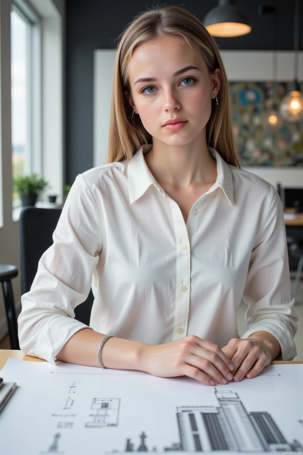A woman in a white shirt sits at a desk with architectural drawings.