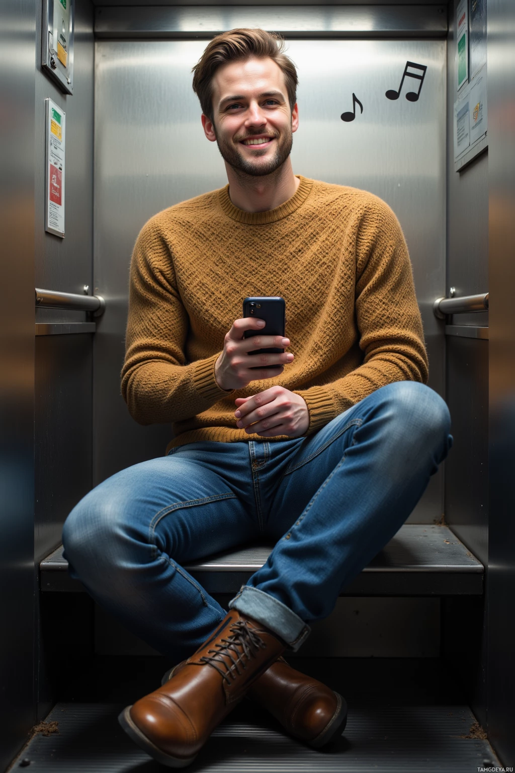 A man sits in an elevator, holding a phone, wearing a sweater and jeans.
