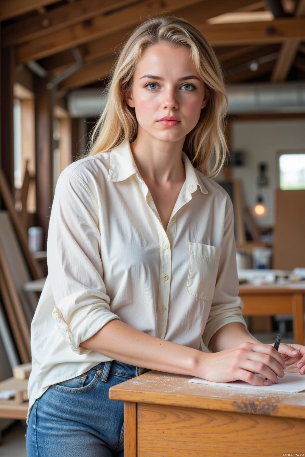 A person wearing a white shirt and jeans sits at a wooden desk, holding a pen.