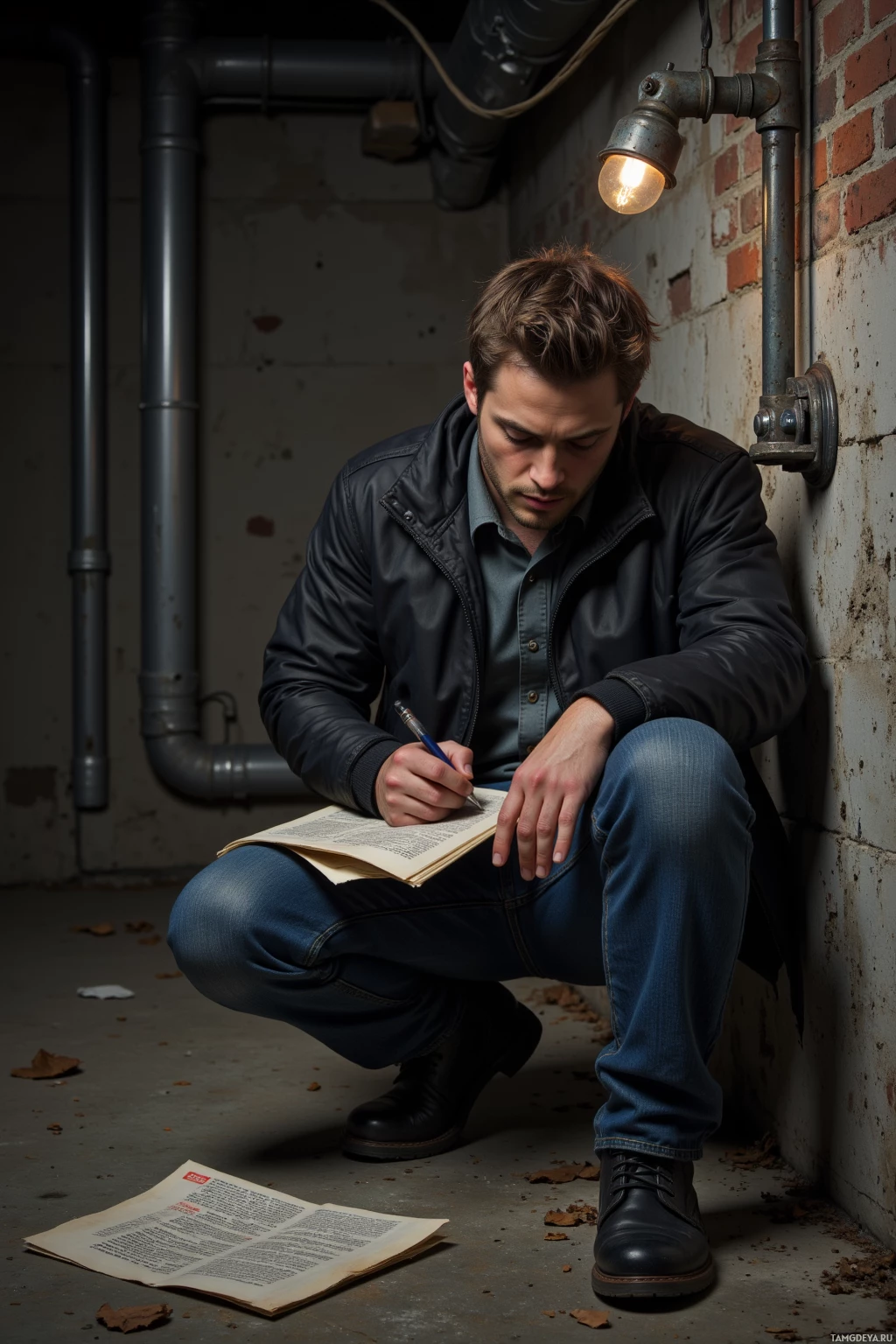 A man in a leather jacket sits on the floor, writing in a notebook.