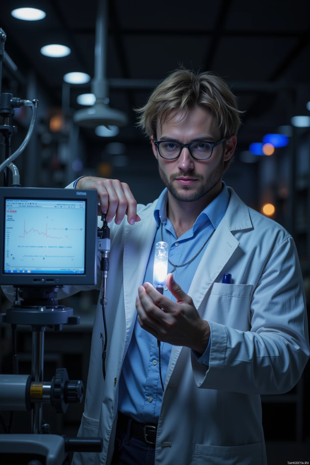 A scientist in a lab coat holds a glowing object while examining a monitor displaying data.