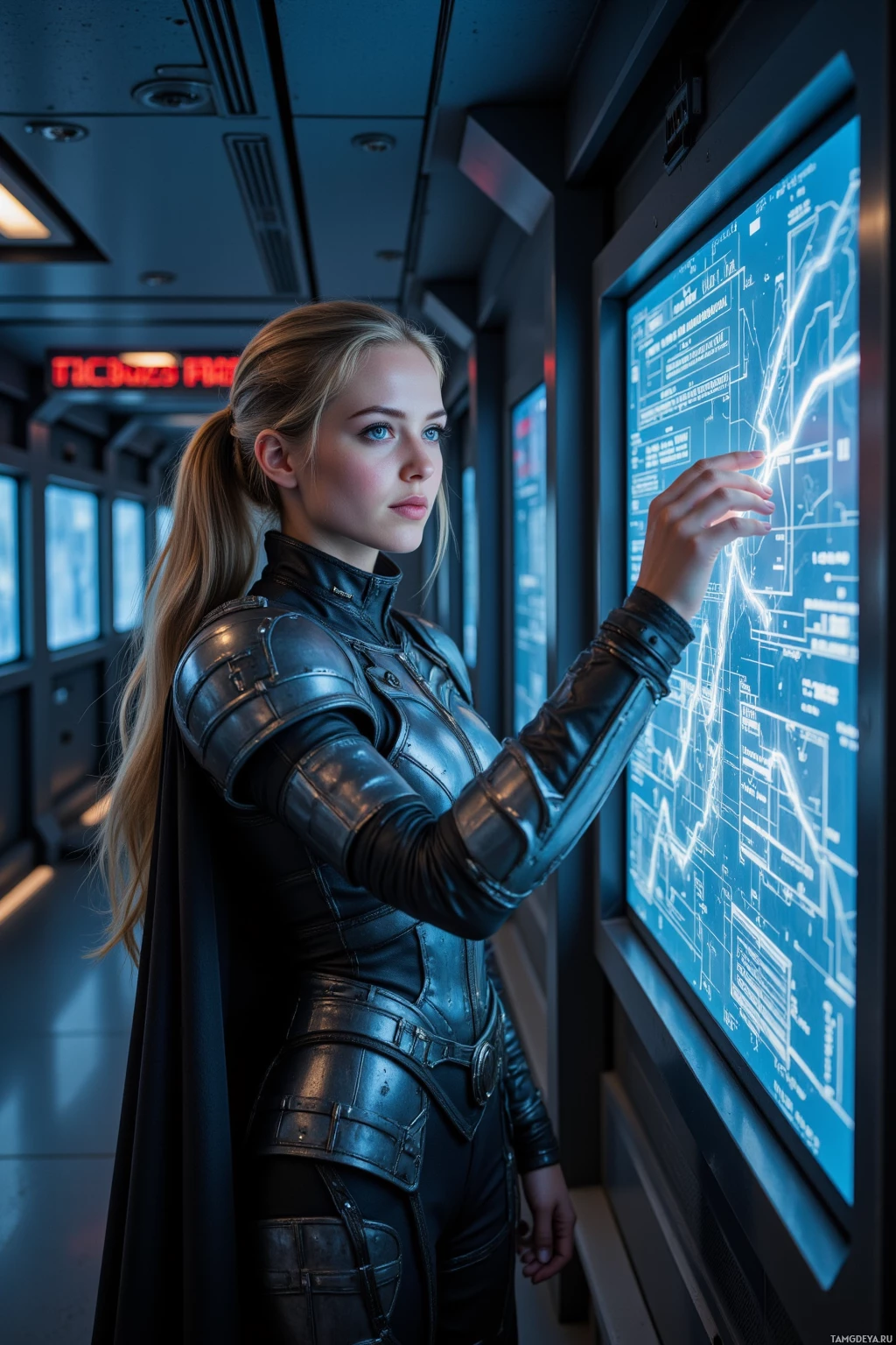 A person in a futuristic outfit interacts with a high-tech display in a dimly lit corridor.