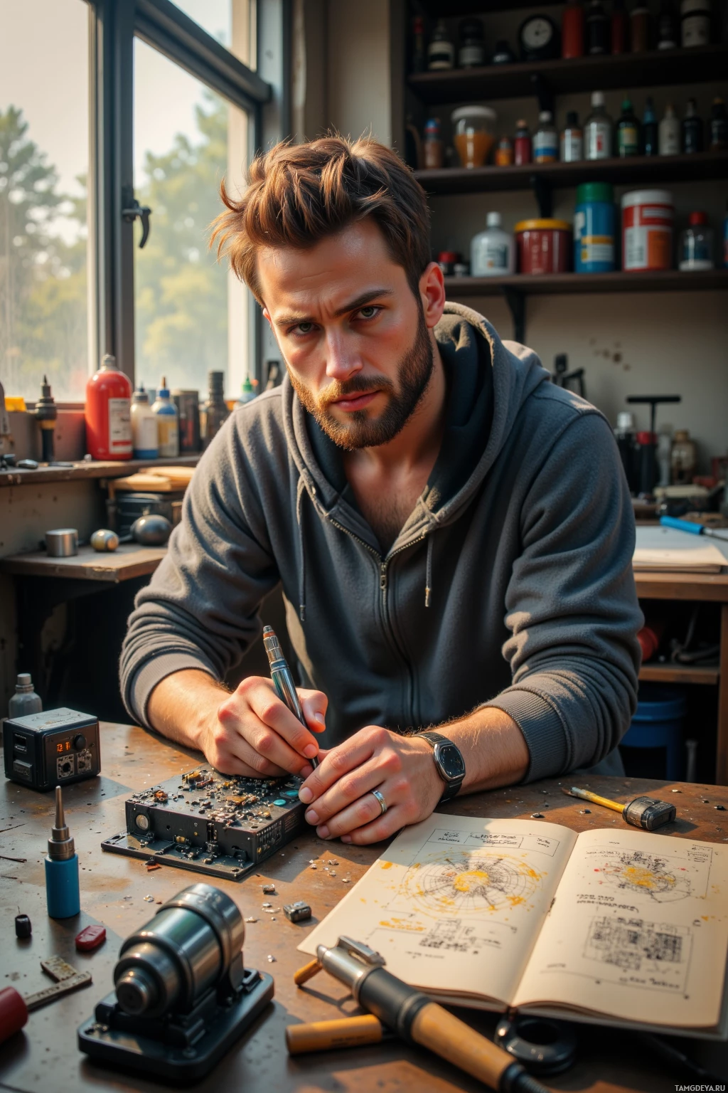 A man in a workshop is soldering a circuit board.