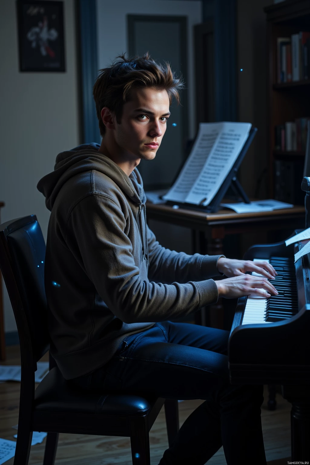 A young man in a hoodie sits at a piano, hands poised over the keys.