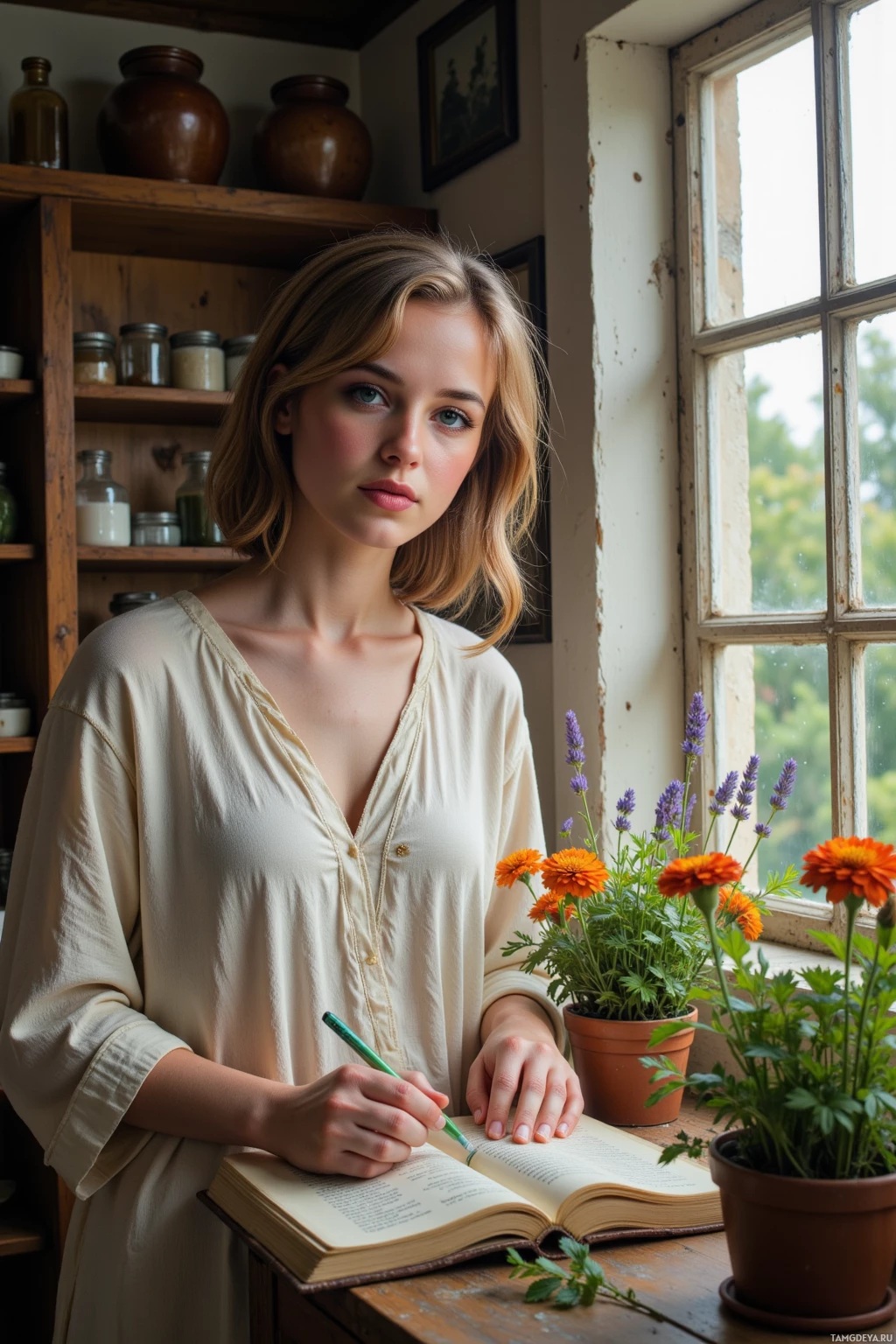 A woman in a beige blouse is writing in a book by a window with potted flowers.