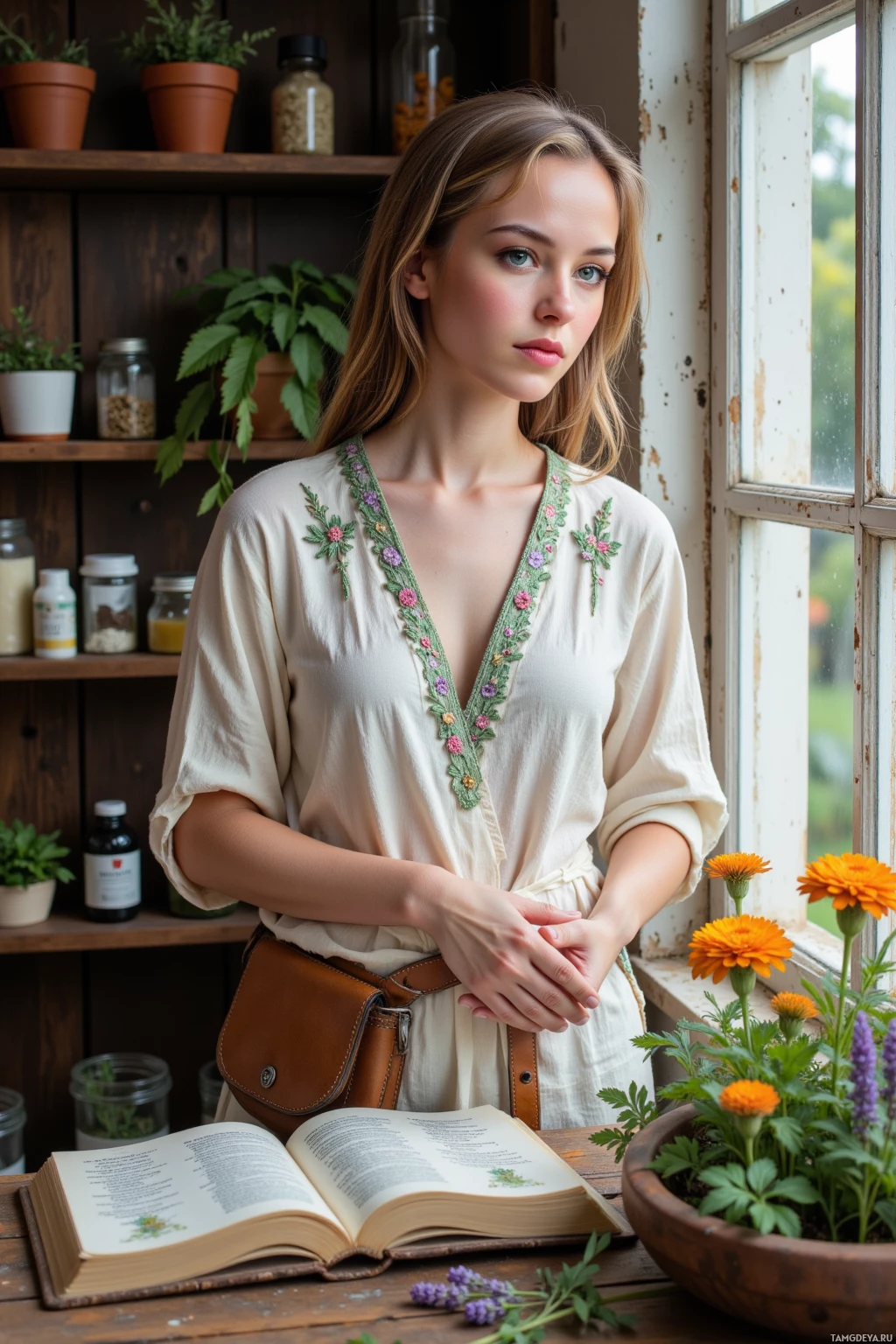 A woman stands by a window, wearing a floral embroidered blouse, with a book and potted flowers on a table.