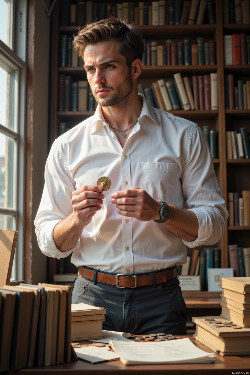 A man in a white shirt stands in a library holding a coin.
