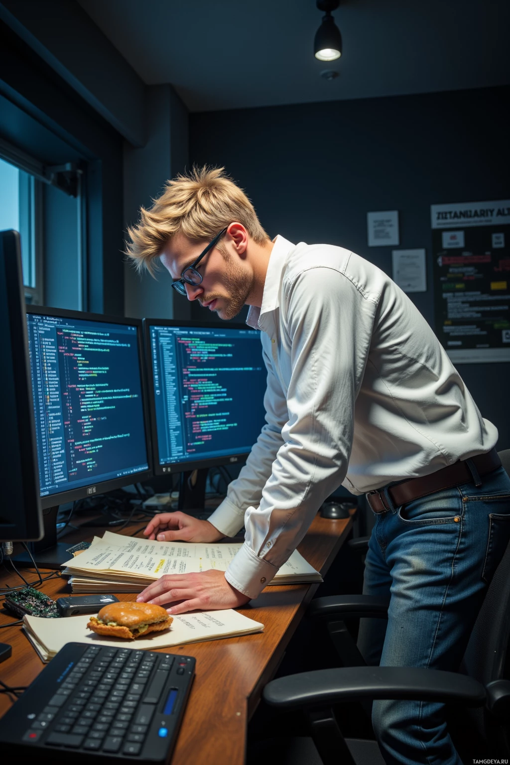 A person leans over a desk with two computer monitors displaying code, while a hamburger rests on an open book.