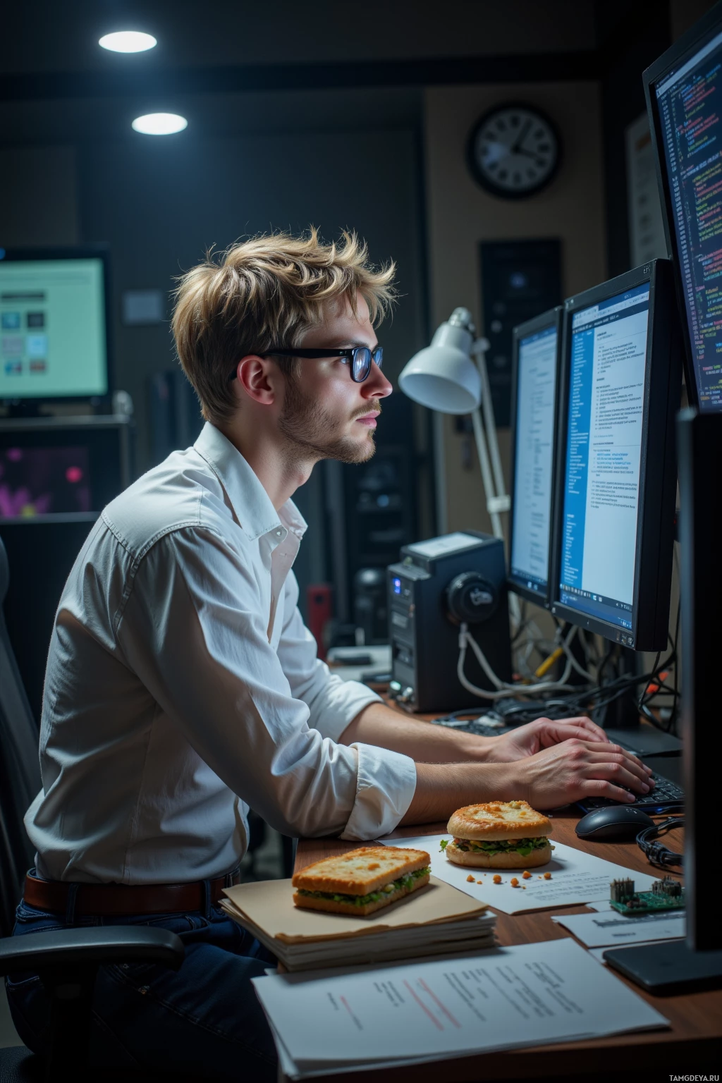 A person works at a desk with multiple monitors, surrounded by documents and a sandwich.