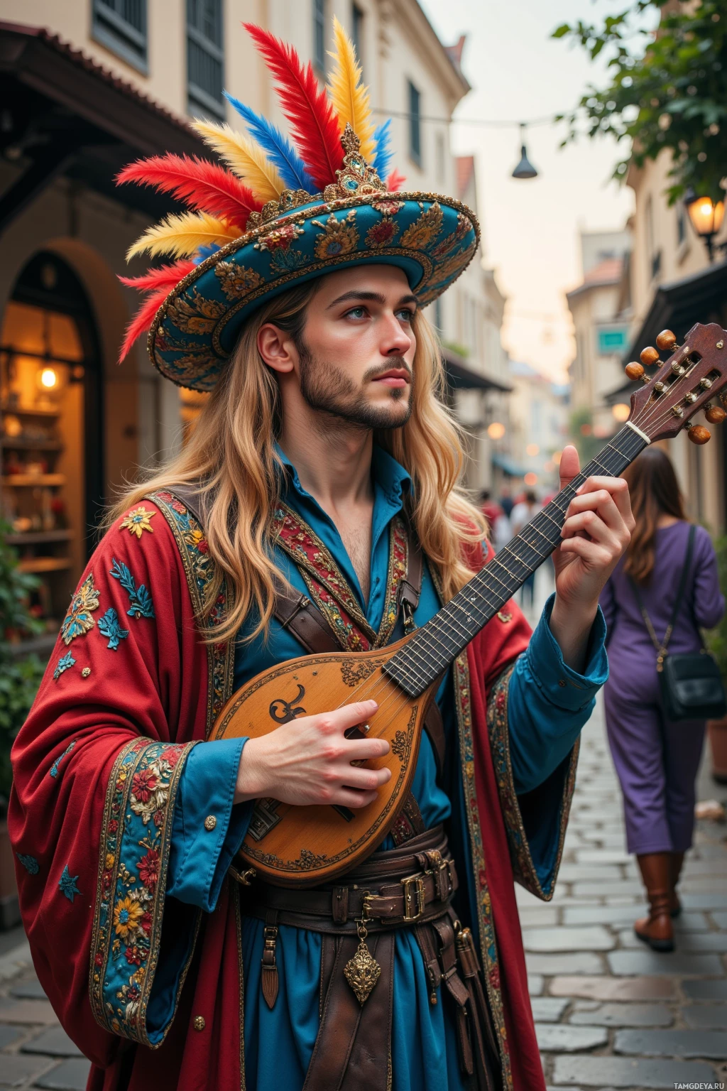 A person in a colorful, ornate outfit plays a mandolin on a cobblestone street.