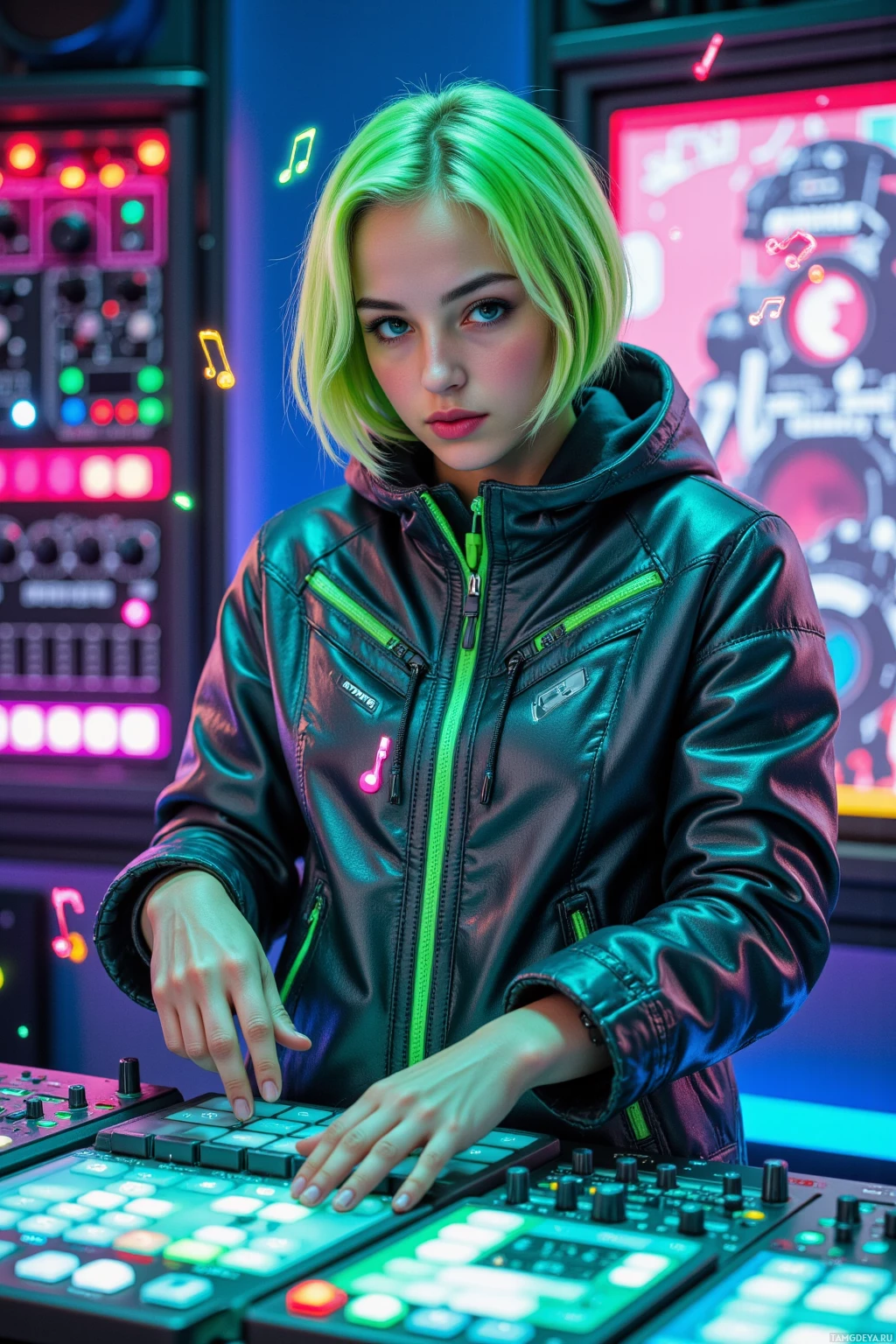 A person in a shiny jacket stands behind a music production console, illuminated by vibrant neon lights.