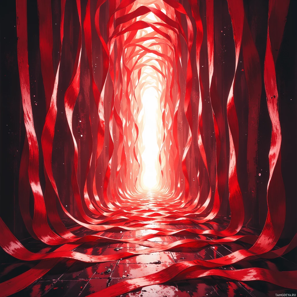 A red, ribbon-like tunnel with a bright light at the end.