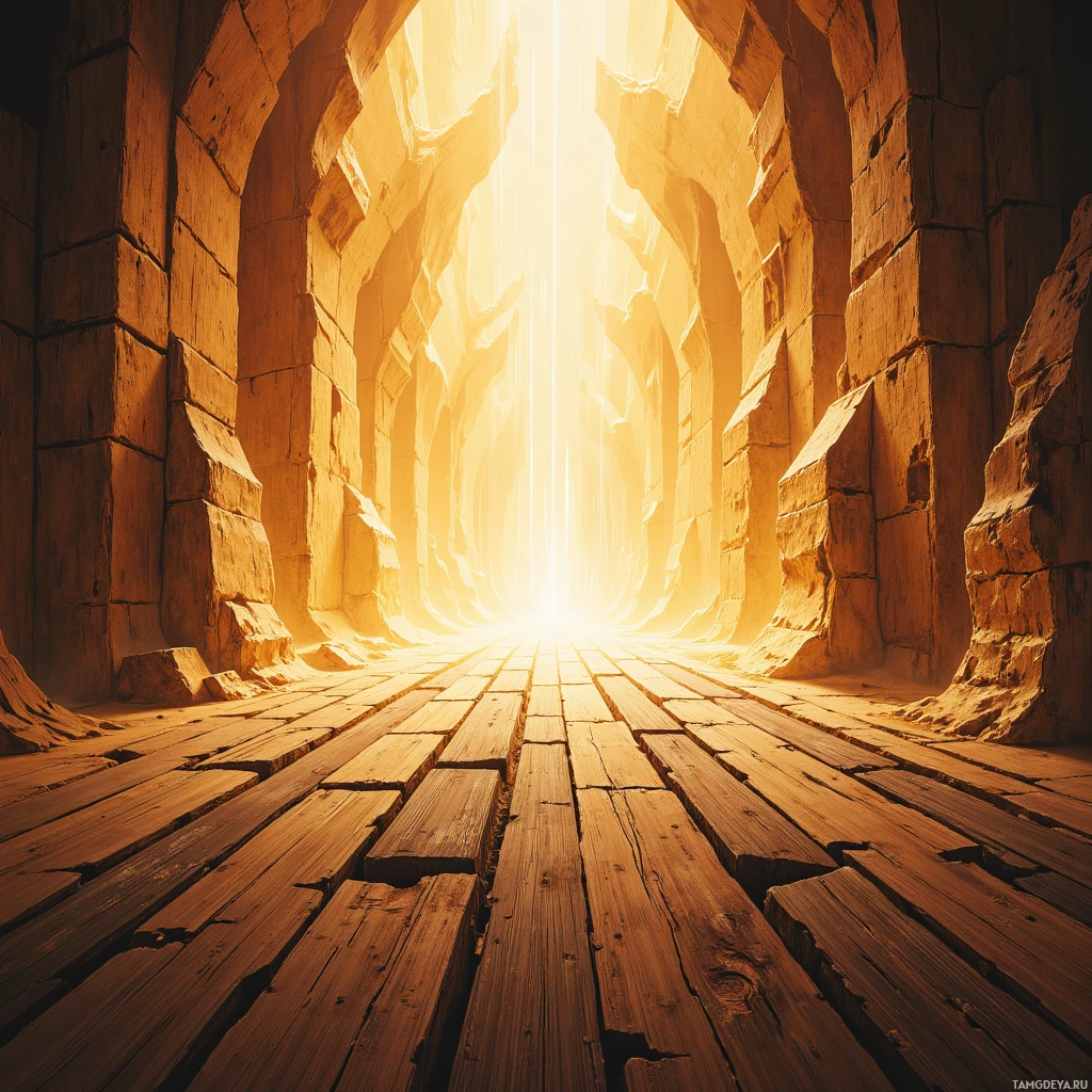 A sunlit corridor with stone walls and wooden floor leading to a bright light at the end.