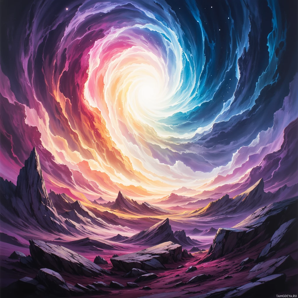 A vibrant, swirling cosmic scene with a bright white center and colorful, ethereal clouds transitioning into rugged, rocky terrain below.