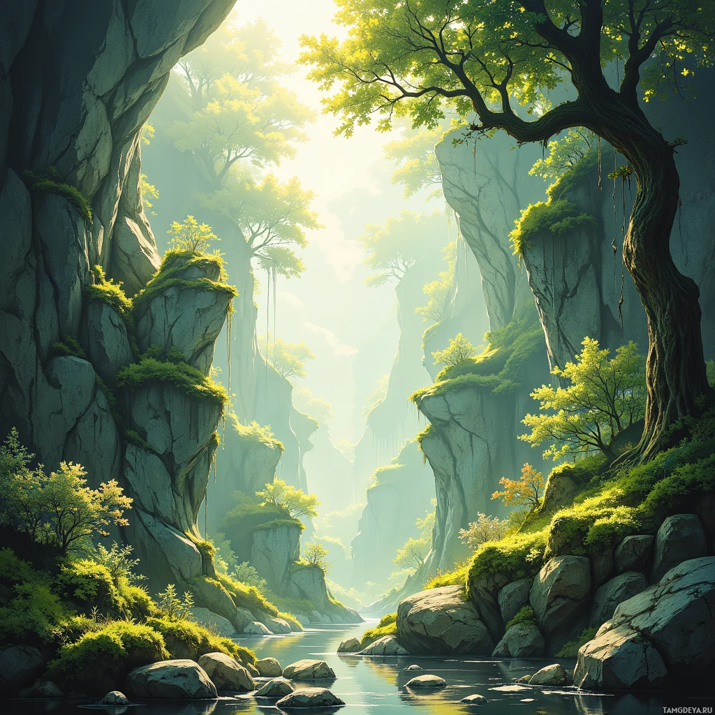 A serene landscape featuring a river flowing through a lush, green canyon with towering rock formations and sunlight filtering through the trees.