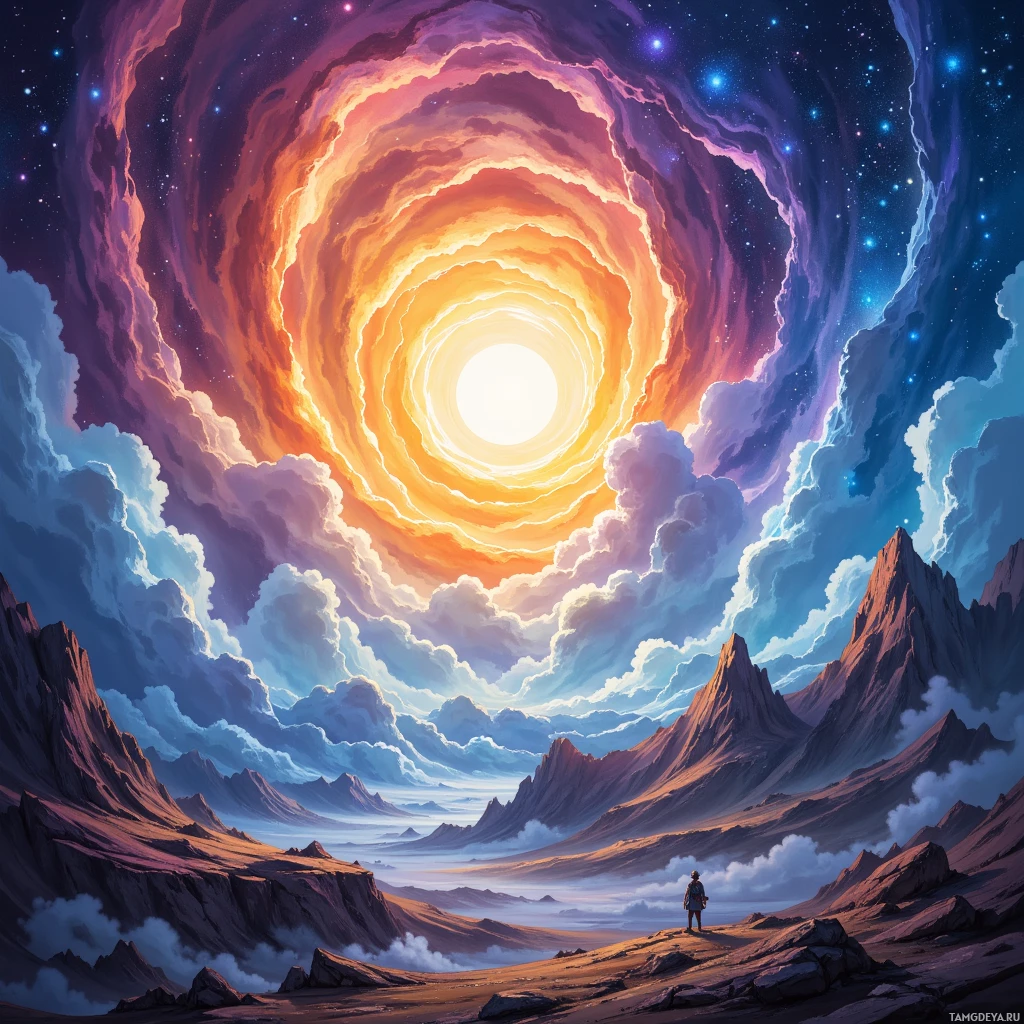 A person stands on a rocky landscape beneath a swirling, colorful vortex in the sky.