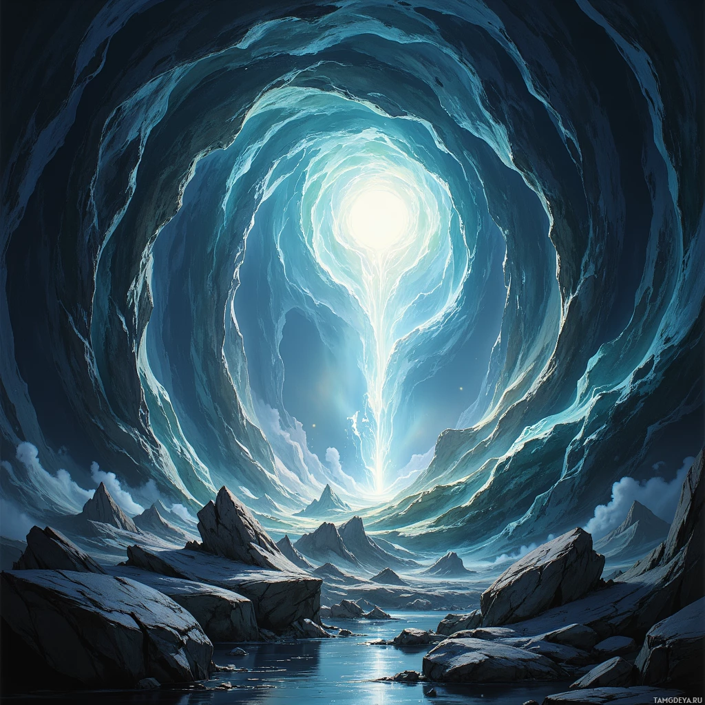 A surreal, ethereal landscape featuring a glowing, swirling portal leading to a bright, celestial light.