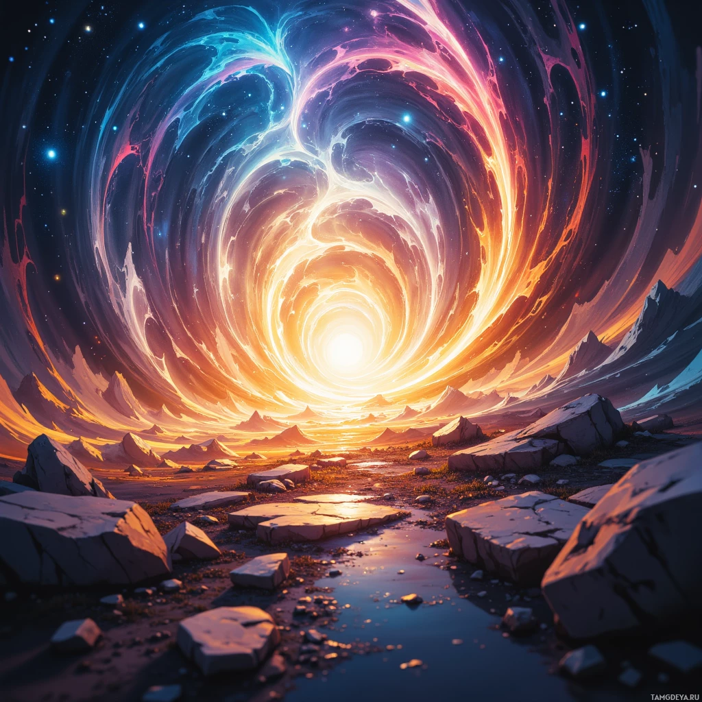 A surreal landscape featuring a swirling cosmic vortex above rocky terrain.