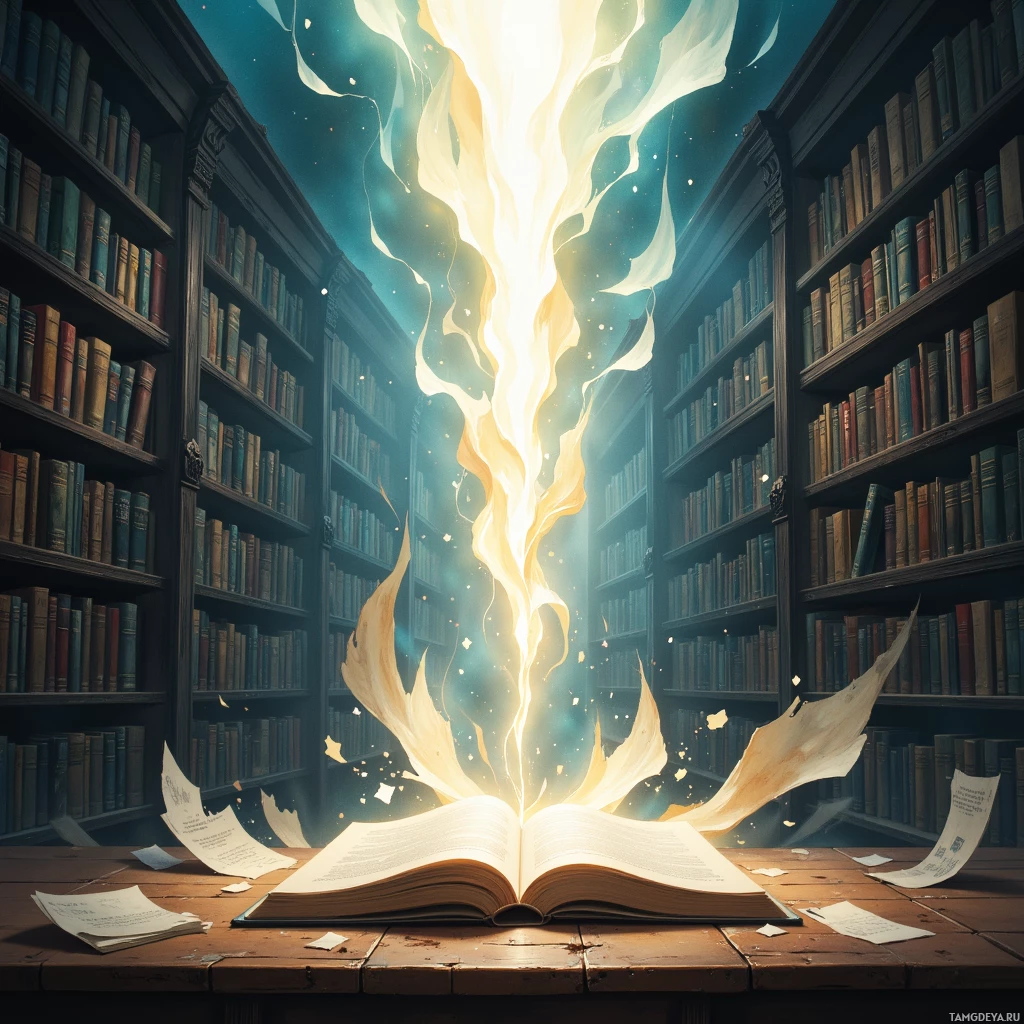 An open book in a library with glowing, radiant light emanating from it.
