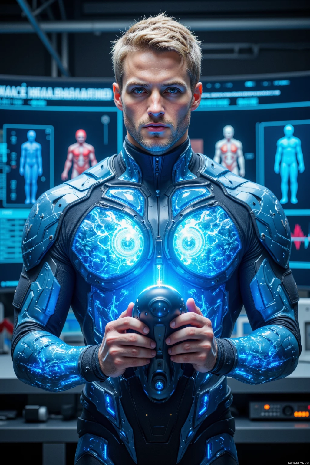 A person in a futuristic, blue armored suit holding a device.