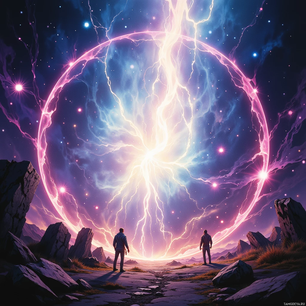 Two figures stand before a glowing, ethereal portal in a fantastical landscape.