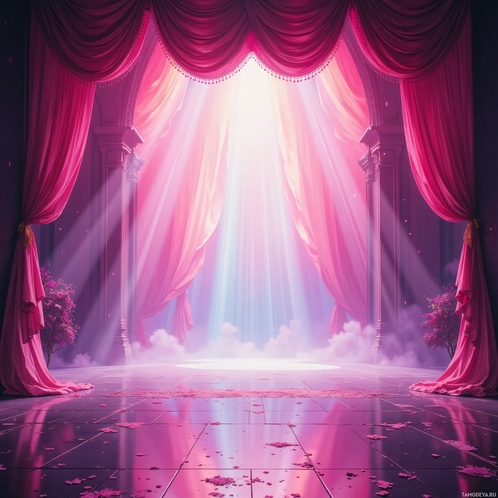A grand stage with pink curtains and beams of light.