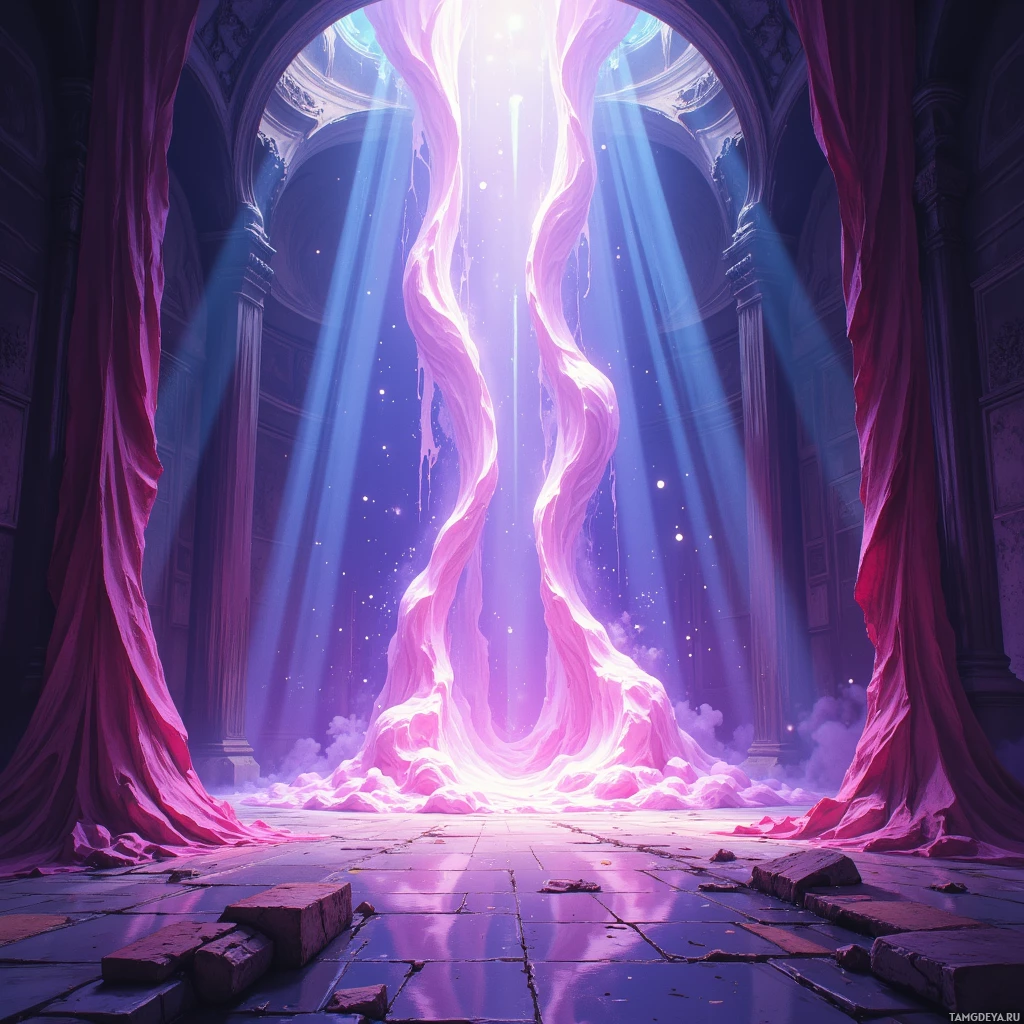 A grand, ancient hall with broken stone floor and a glowing, ethereal portal emitting light and energy.