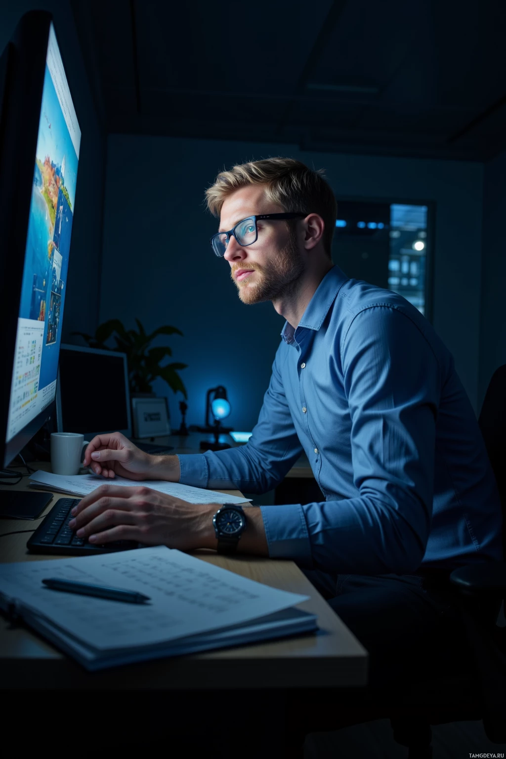 A man in a blue shirt works at a desk in a dimly lit room, using a computer.