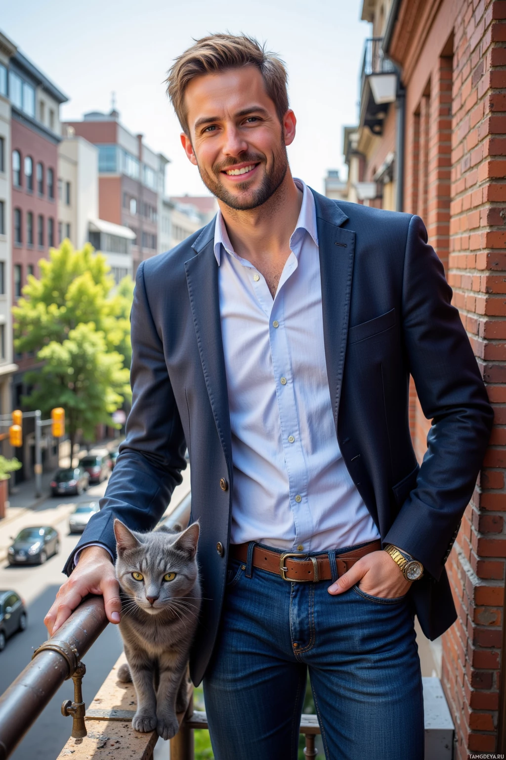 A man in a suit leans against a railing with a cat perched on the ledge.