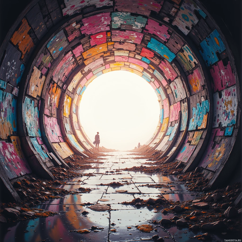 A person walks through a tunnel with colorful, weathered walls leading to a bright light at the end.