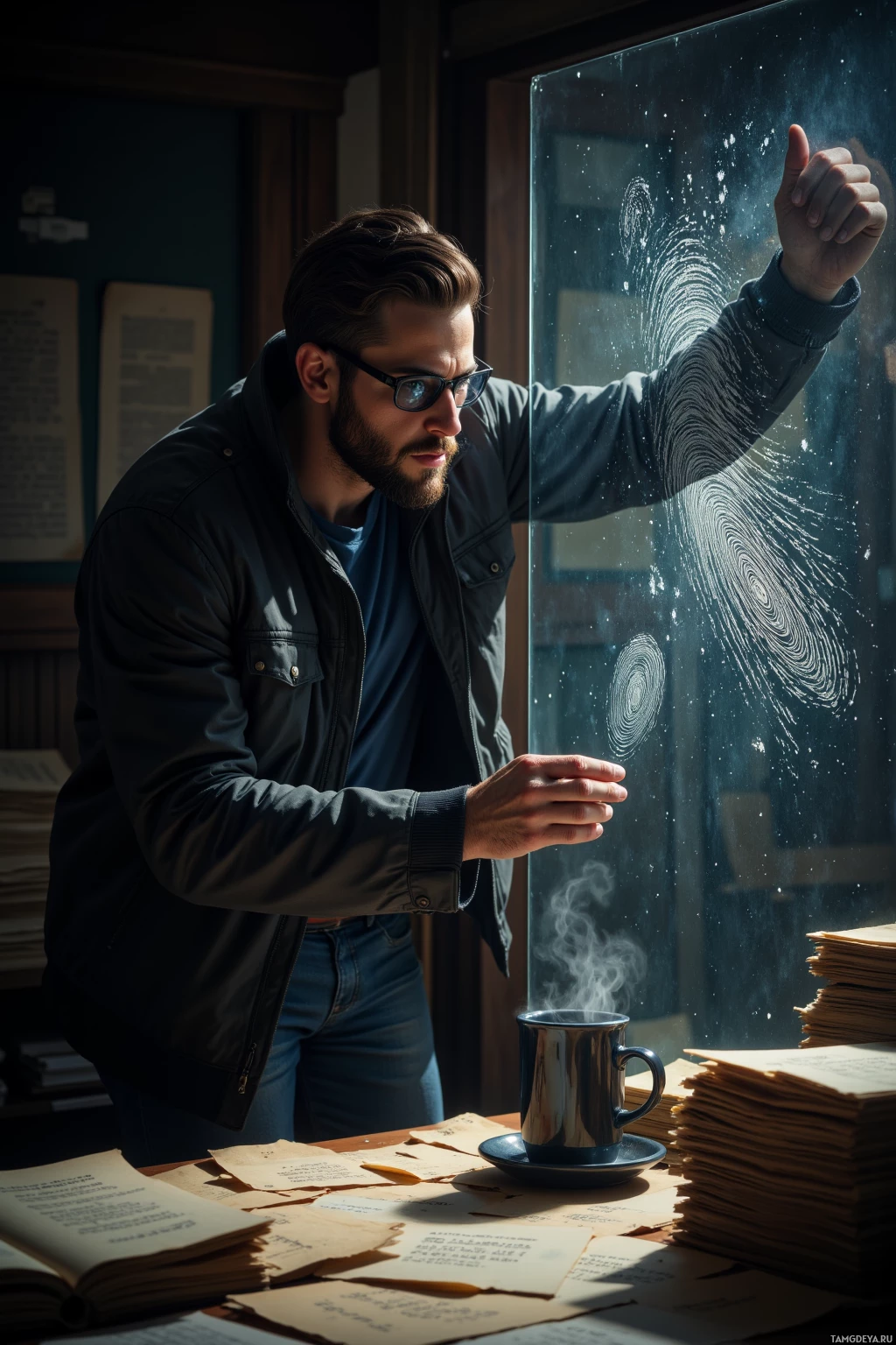 A man in a jacket and glasses stands by a window, examining a glass panel with swirling patterns.