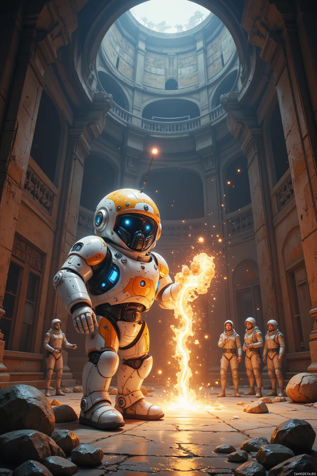 A futuristic robot in a space suit stands in an ancient, circular building with a glowing flame in its hand, surrounded by other astronauts.