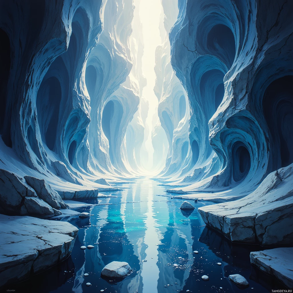 A serene, icy landscape with a narrow, sunlit passage leading to a bright light at the end.