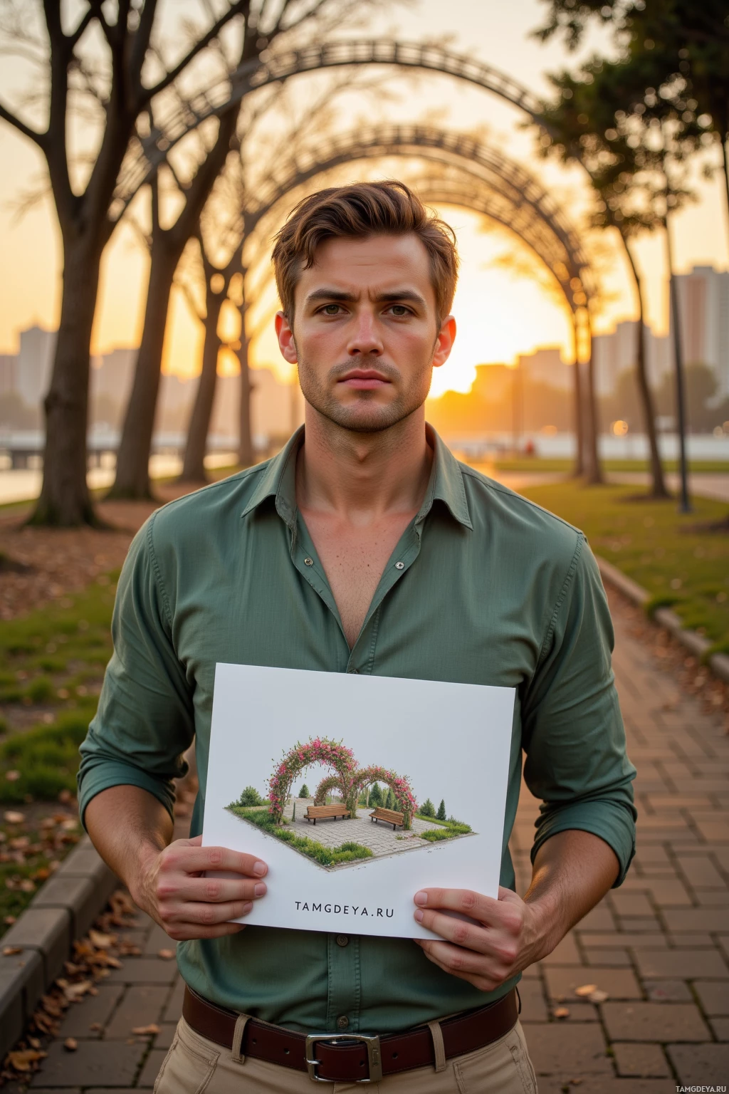 A man stands in a park holding a printed image of a garden scene.