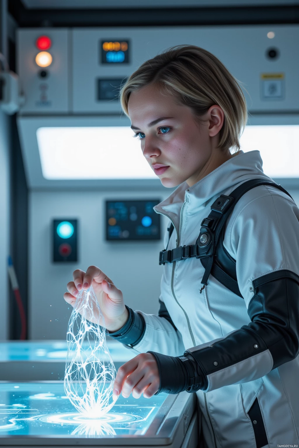 A person in a futuristic setting interacts with a glowing, intricate light structure.