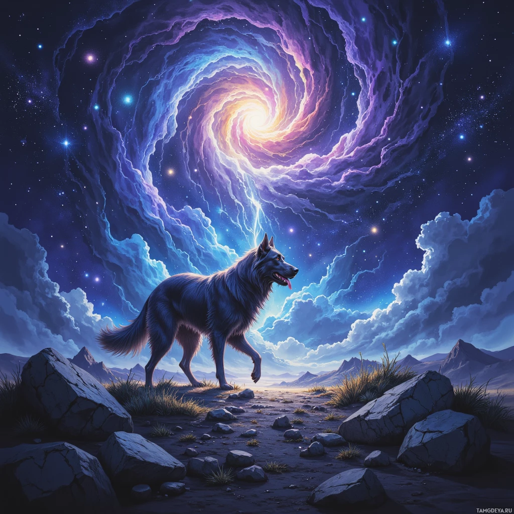 A wolf stands in a rocky landscape under a swirling, star-filled sky.