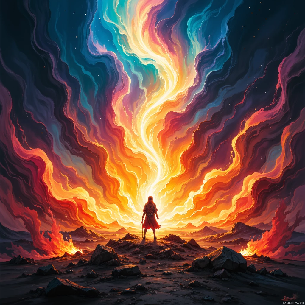 A lone figure stands on a rocky landscape under a vibrant sky filled with swirling clouds and a fiery horizon.