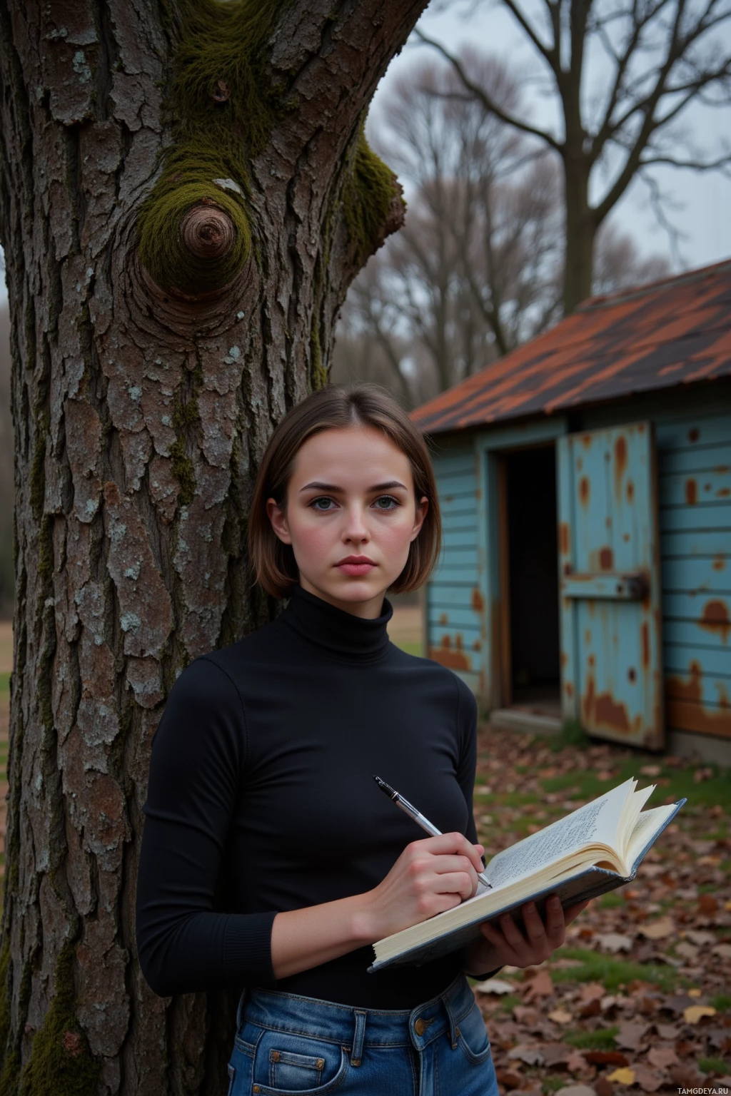 A person stands outdoors near a tree, holding an open book and a pen.