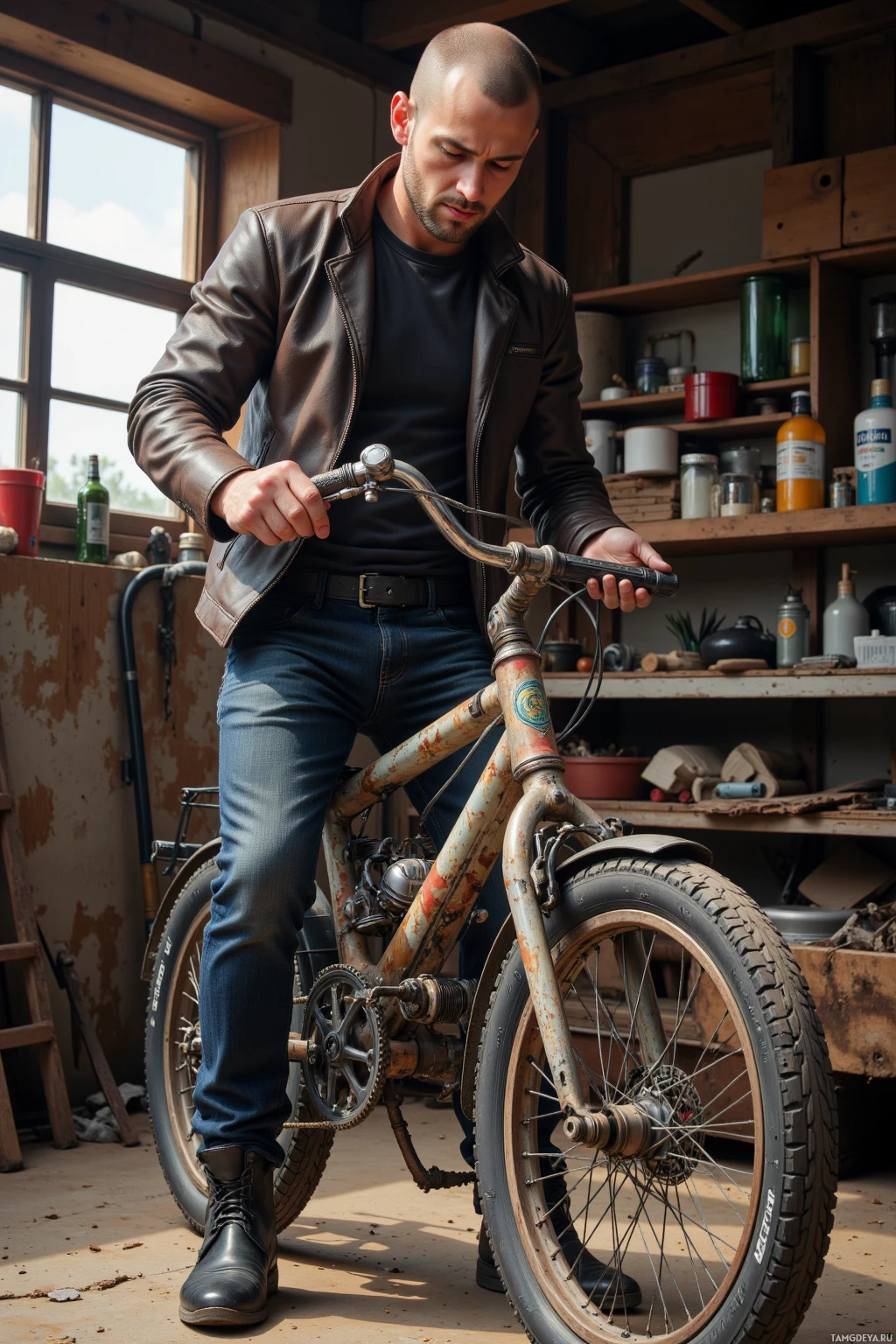 A man in a leather jacket stands in a workshop, holding a rusty bicycle.