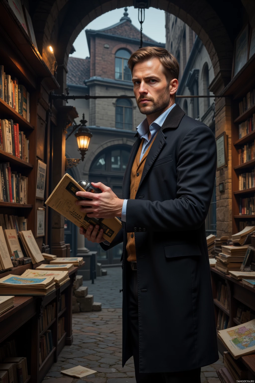 A man in a suit stands in a book-filled alleyway, holding a book.