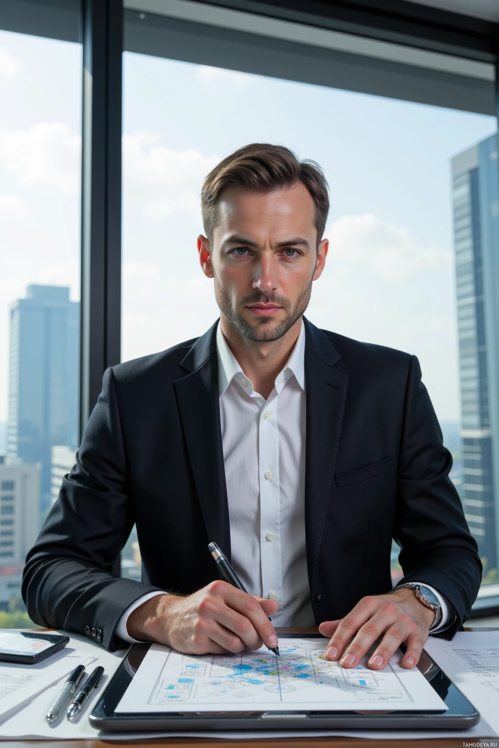 A man in a suit sits at a desk with a tablet and documents, looking directly at the camera.