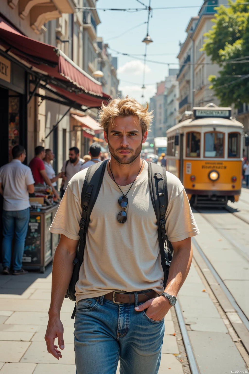 A man with a backpack walks down a sunny street with a tram in the background.