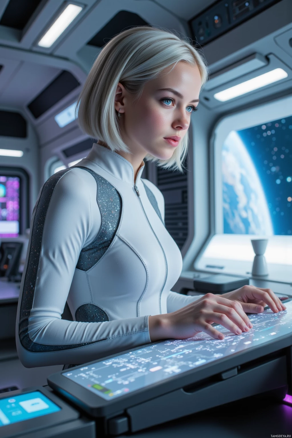 A person in a futuristic space suit operates a control panel in a spacecraft.